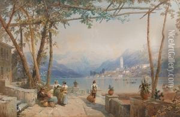 Figures On A Terrace By Lake Como Oil Painting - Thomas Miles Richardson