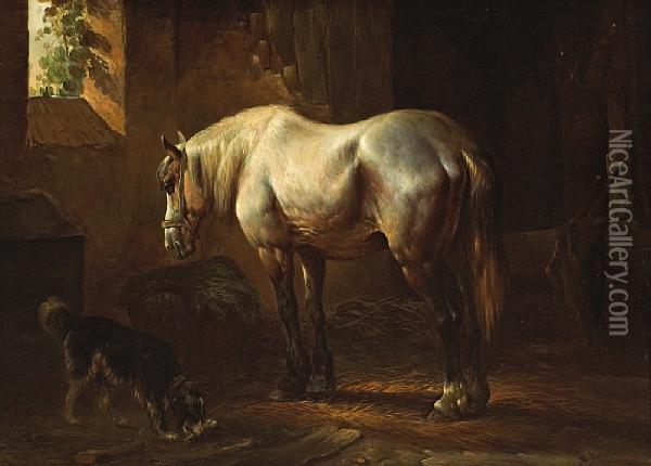 A Horse And Dog In A Stable Oil Painting - Wouterus Verschuur