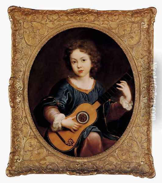A Young Girl Playing A Guitar Oil Painting - Pierre Mignard