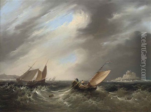 Fishing Luggers In A Heavy Swell Off St. Michael's Mount, Cornwall Oil Painting - Frederick Calvert