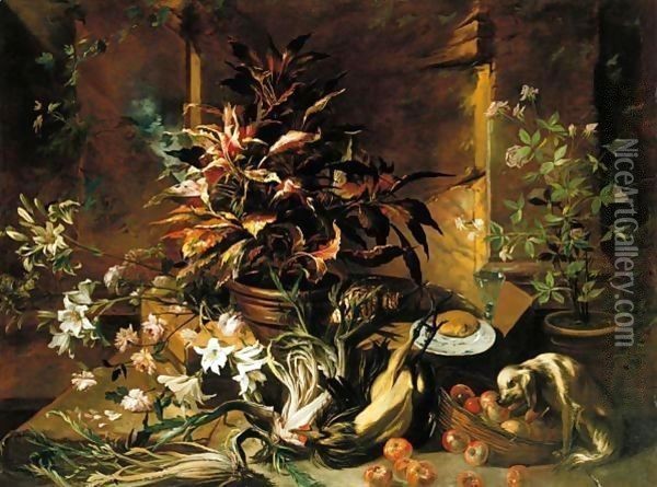 Still Life With Potted Plants And Roses, A Dog, A Basket Of Apples, Fennel, And A Semi-Plucked Rooster, A Bread Roll On A Plate And A Wine-Glass Oil Painting - Niccolino Van Houbraken