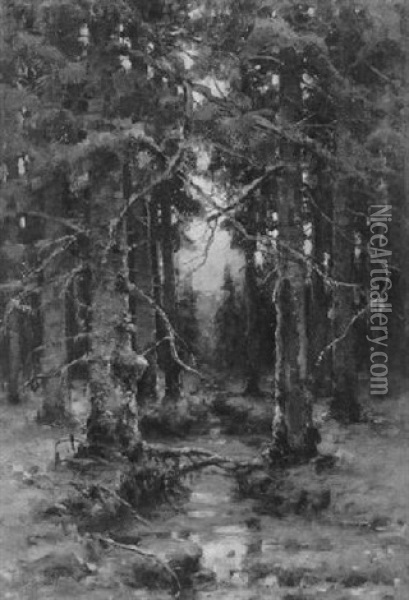 Sonnenuntergang Im Winterlichen Wald Oil Painting - Yuliy Yulevich (Julius) Klever