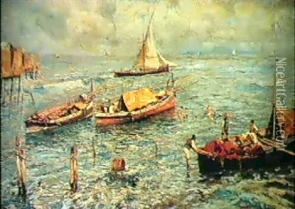 Preparing The Fishing Boats Oil Painting - Attilio Pratella