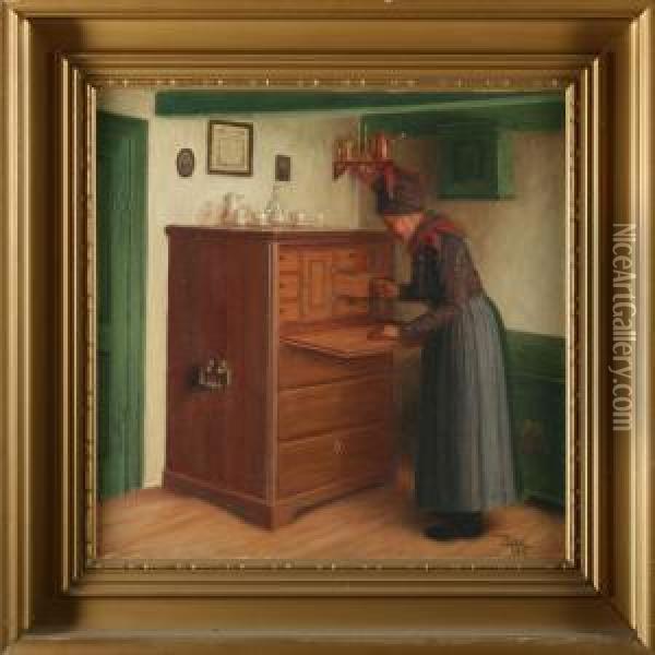 Interior With Woman, Fanoe Oil Painting - Peder Riber