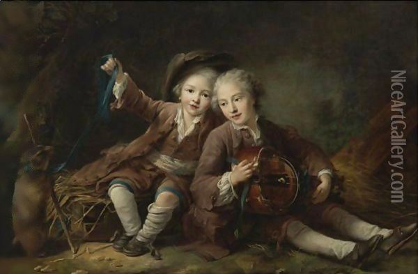 The Children Of The Duc De Bouillon Dressed As Montagnards Oil Painting - Francois-Hubert Drouais