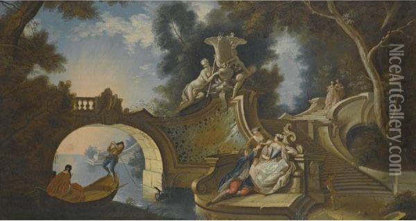An Outdoor Scene With Elegant Figures Reclining On Riversidesteps Beside A Bridge Oil Painting - Jacques de Lajoue