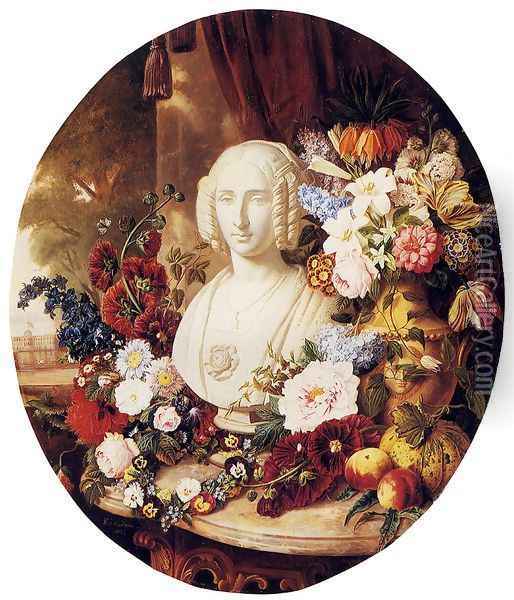 A Still Life With Assorted Flowers, Fruit And A Marble Bust Of A Woman Oil Painting - Virginie de Sartorius