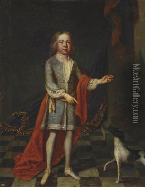 Portrait Of A Young Boy, 
Full-length, In A Blue Coat And Red Wrap, With A Spaniel, In An Interior Oil Painting - Robert Byng