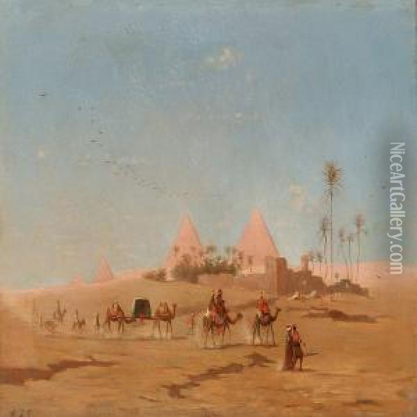 Bedouins On Their Camels Passing Pyramids, Egypt Oil Painting - Andreas Christian Riis Carstensen