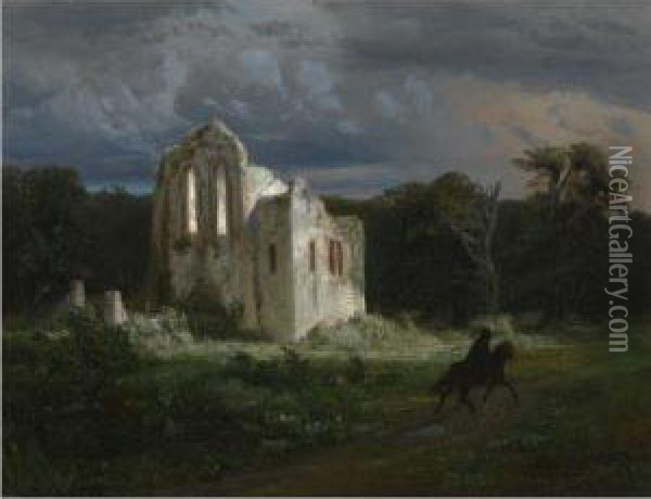 Mondscheinlandschaft Mit Ruine (moonlit Landscape) Oil Painting - Arnold Bocklin