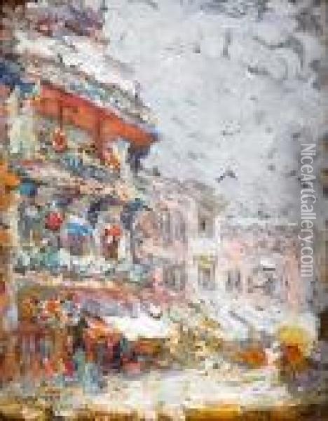 A Chinatown Gate And Pagoda Oil Painting - Joseph Morris Raphael