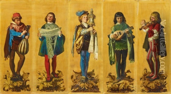 Fries Mit Funf Musikanten In Historischem Kostum (5 Works Framed Together) Oil Painting - Anton Alexander von Werner