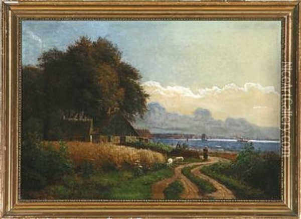 Summer Day With Houses Near The Sea Oil Painting - Anders Andersen-Lundby