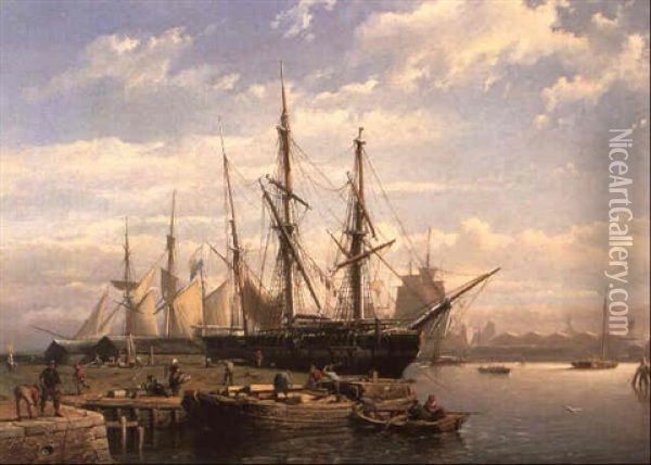 Dutch Sailing Ships At Anchor In A River Estuary Oil Painting - Johan Adolph Rust