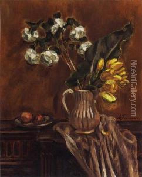 Stilleven Met Kan En Gele Tulpen Oil Painting - Henri Le Fauconnier