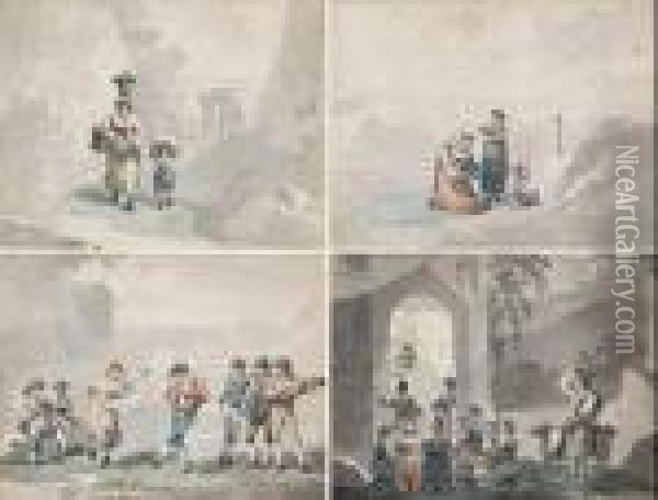 Vier Ansichten, Um 1850/60, Sog. 'scene Di Vita Nell'agro Romano'. Oil Painting - Bartolomeo Pinelli