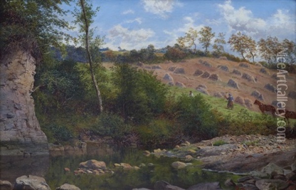Landscape With A Stream And Harvesters Working In A Field Beyond Oil Painting - Thomas J. Banks