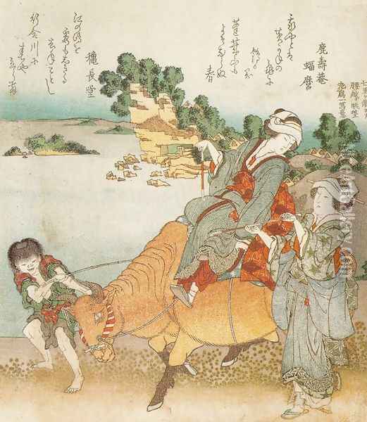 View of the Town of Koshigoe from Shichirigahama (Shichirigahama yori Koshigoe o enbo) Oil Painting - Katsushika Hokusai