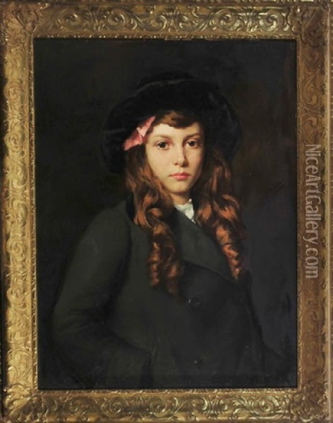 Portrait Eines Madchens Im Grunen Mantel Mit Hut Oil Painting - Otto Propheter