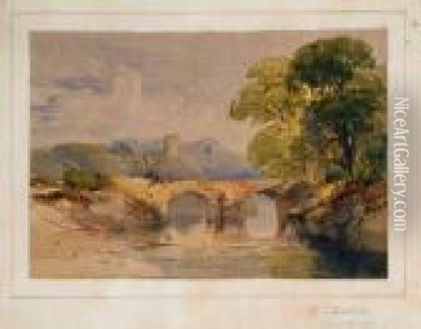 Bridge Over A Quiet River With Mature Trees To Bank And Castle Ruins Beyond Oil Painting - William Leighton Leitch