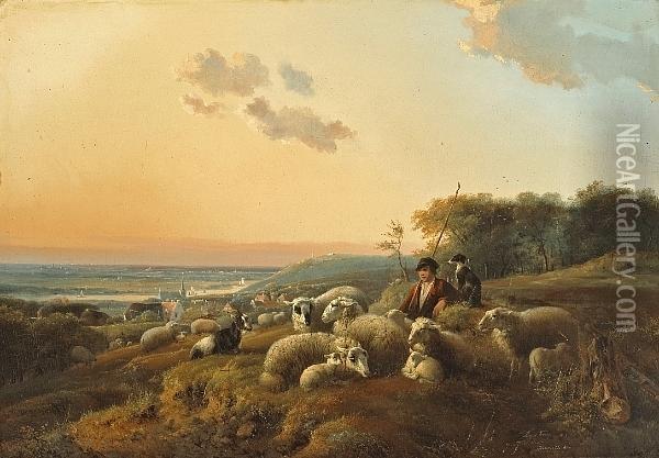 A Shepherd With His Flock In An Extensive Landscape Oil Painting - Joseph Augustus Knip