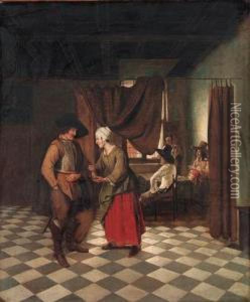 An Interior With A Soldier Paying A Servant Oil Painting - Pieter De Hooch