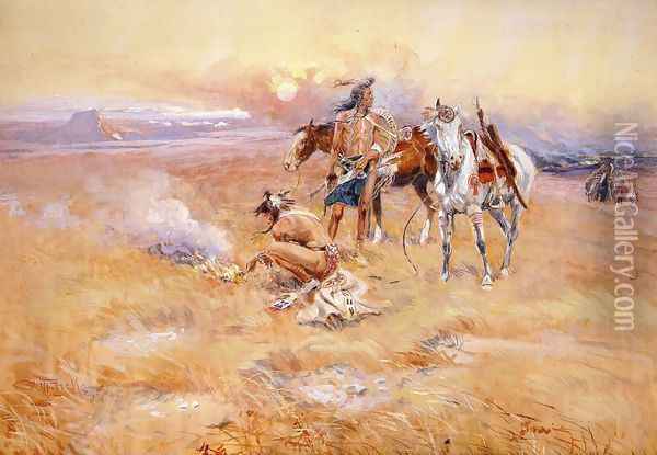 Blackfeet Burning Crow Buffalo Range Oil Painting - Charles Marion Russell