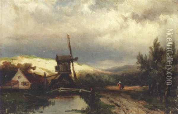 Fishing By The Canal Oil Painting - Johannes Hermanus Barend Koekkoek