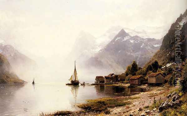 Norwegian Fjord with Snow Capped Mountains Oil Painting - Anders Monsen Askevold