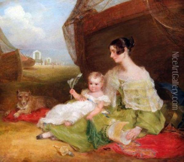 Caroline Preston With Child And Dog On Lowestoft Beach Oil Painting - Joseph Clover