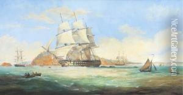 A Two-decker Running Down Plymouth Sound With Mt. Edgcumbebeyond Oil Painting - Condy, Nicholas Matthews