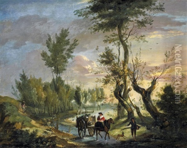Flamische Landschaft In Der Abendsonne. Vorn An Einer Furt Ziehendes Landvolk Oil Painting - Peter (Pieter Andreas) Rysbrack
