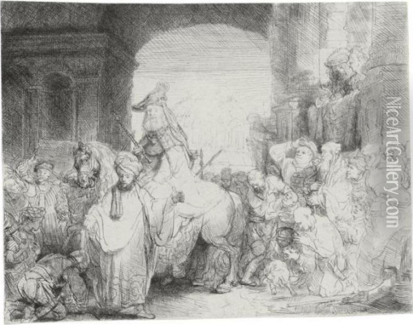 The Triumph Of Mordecai (b., Holl. 40; H. 172; Bb. 41-l) Oil Painting - Rembrandt Van Rijn