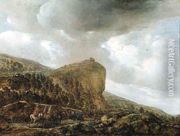 Travellers on a path by a cliff in a landscape Oil Painting - Pieter Molijn