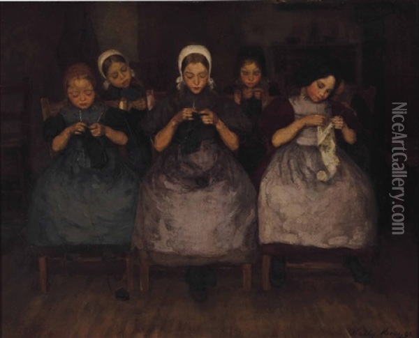 A Knitting Class Oil Painting - Wally (Walburga Wilhelmina) Moes
