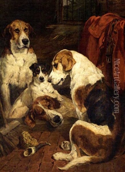 After The Hunt Oil Painting - John Emms