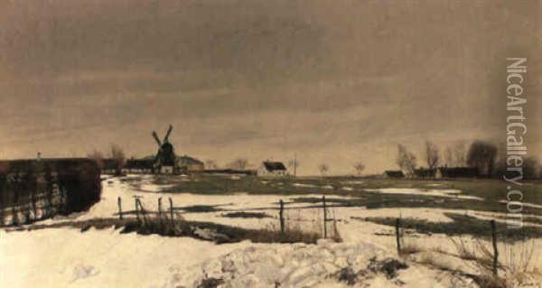A Winter Landscape With A Windmill Oil Painting - Laurits Andersen Ring