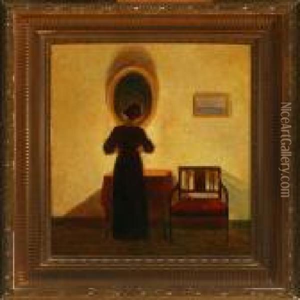 Interior With Woman By Mirror Oil Painting - Poul Friis Nybo