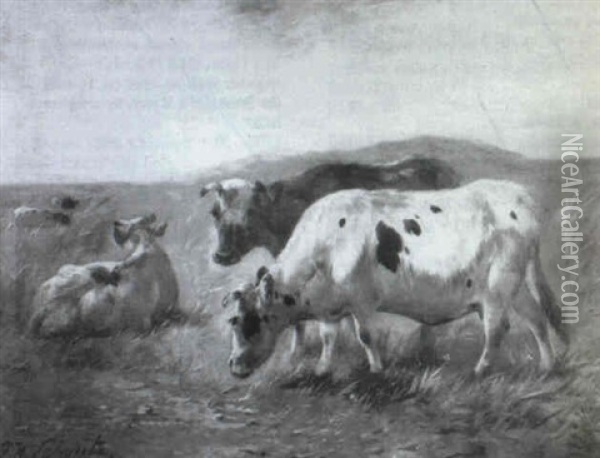 Cows Grazing In A Landscape Oil Painting - Paul Schouten