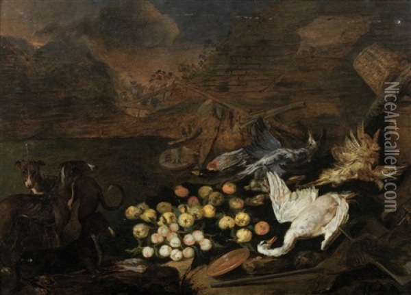 Three Hounds Beside A Group Of Dead Birds With Peaches, Apples, Pears, And An Earthenware Dish In A Landscape Oil Painting - Jan van Kessel