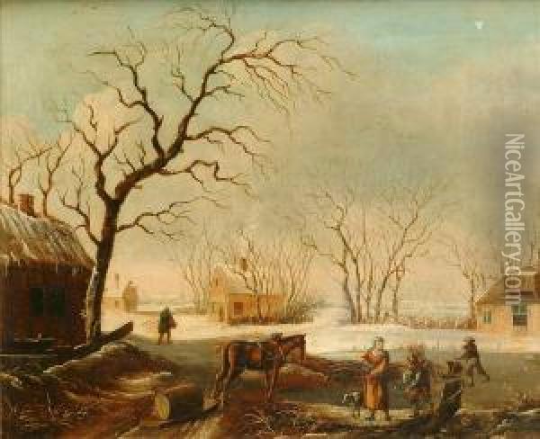 Firewood Gathers By A Frozen River In A Dutch Hamlet Oil Painting - Leendert de Koningh