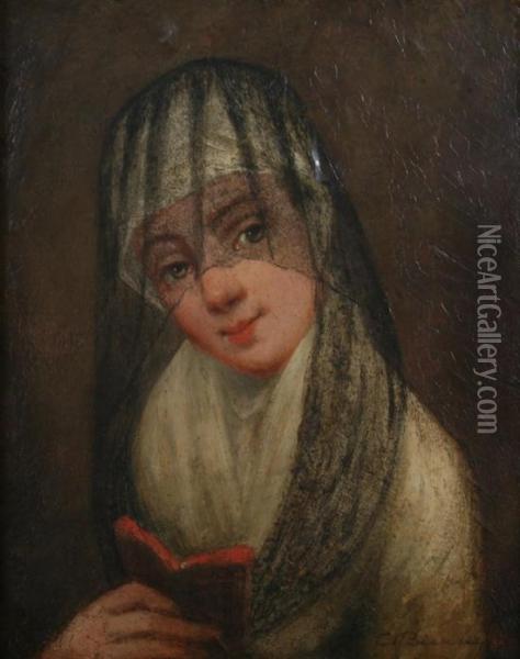 Young Girl In A Veil Holding A Book Oil Painting - Christoffel Bisschop