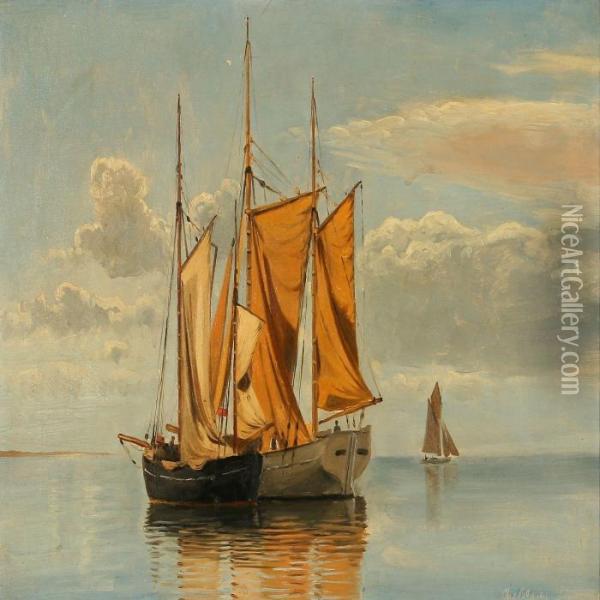 Seascape With Sailing Ships At Lynaes, Denmark Oil Painting - Christian Vigilius Blache