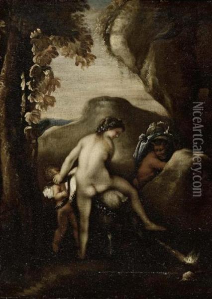 Mythologische Szene Mit Eros, Nymphe Und Satyr. Oil Painting - Pietro Testa
