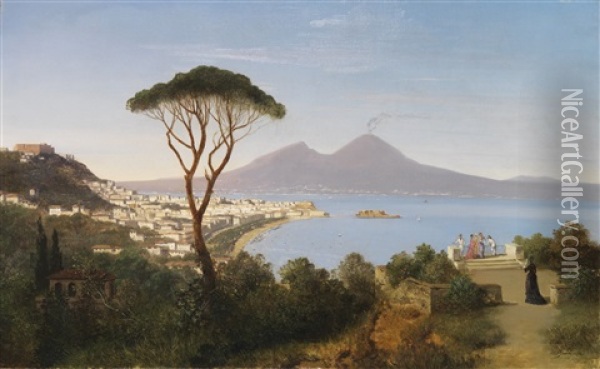 Blick Vom Posillipo Auf Die Weite Bucht Von Neapel Mit Rauchendem Vesuv Oil Painting - August Albert Zimmermann