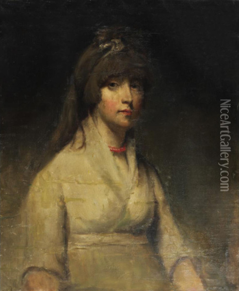 Elegant Lady With Coral Necklace Oil Painting - John Hoppner