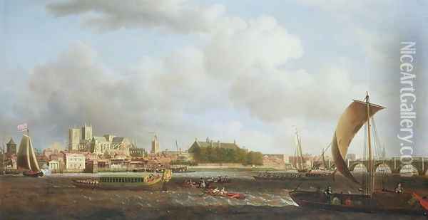 Westminster from Lambeth, with the ceremonial barge of the Ironmongers Company, c.1745 Oil Painting - Samuel Scott