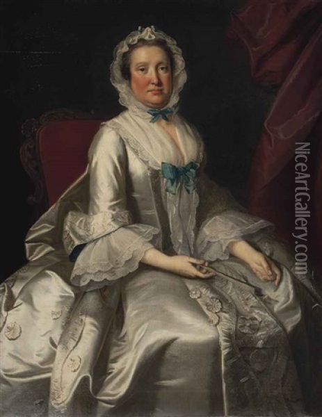 Portrait Of A Lady, Seated, Three-quarter Length, In A White Dress With Blue Ribbons, Holding A Fan Oil Painting - Thomas Hudson