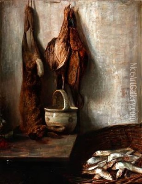 Nature Morte With Herring, Hare And Pheasants Oil Painting - Carl Vilhelm Holsoe