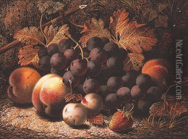 Black Grapes, Peaches, Greengages And A Strawberry Against A Mossy Bank Oil Painting - Oliver Clare